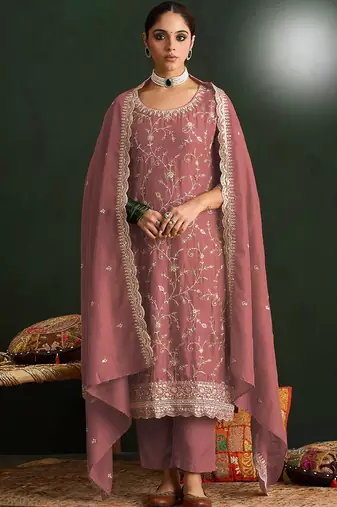 Pink color smart ethnic ceremonial vichitra silk embroidered suit