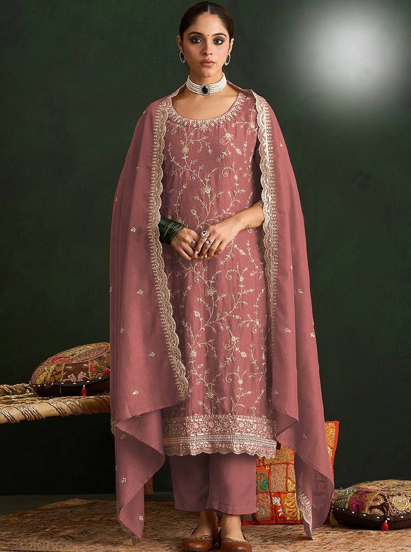 Pink color smart ethnic ceremonial vichitra silk embroidered suit