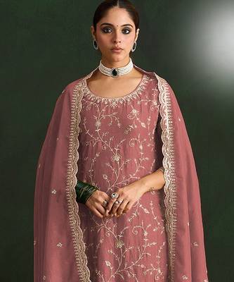 Pink color smart ethnic ceremonial vichitra silk embroidered suit 2