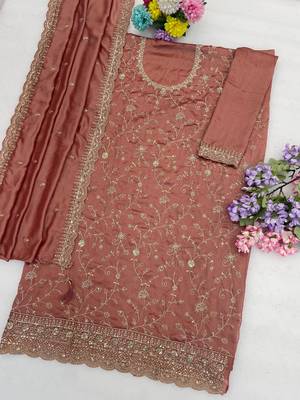 Pink color smart ethnic ceremonial vichitra silk embroidered suit 3