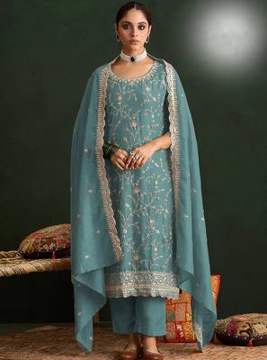 Sea green color smart ethnic ceremonial vichitra silk embroidered suit 1