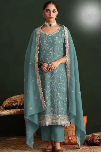 Sea green color smart ethnic ceremonial vichitra silk embroidered suit