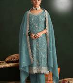Sea green color smart ethnic ceremonial vichitra silk embroidered suit