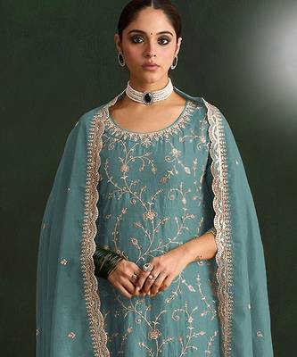 Sea green color smart ethnic ceremonial vichitra silk embroidered suit 2