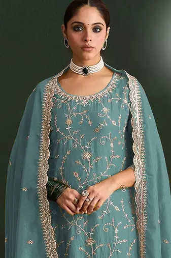Sea green color smart ethnic ceremonial vichitra silk embroidered suit