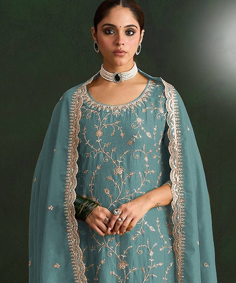 Sea green color smart ethnic ceremonial vichitra silk embroidered suit