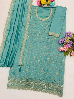 Sea green color smart ethnic ceremonial vichitra silk embroidered suit 3