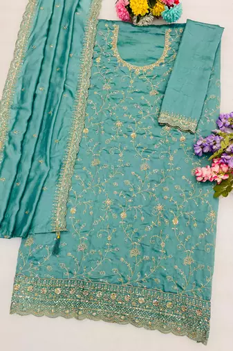 Sea green color smart ethnic ceremonial vichitra silk embroidered suit