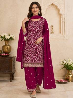 Deep magenta color beautiful embroidered georgette fabric ceremonial suit 1