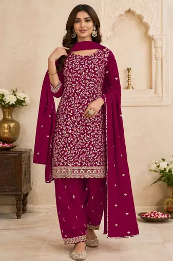 Deep magenta color beautiful embroidered georgette fabric ceremonial suit