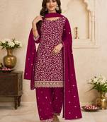 Deep magenta color beautiful embroidered georgette fabric ceremonial suit