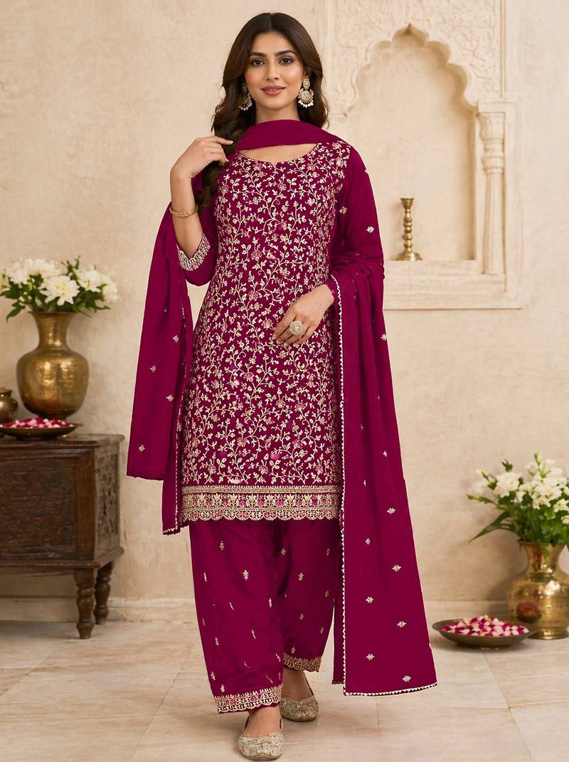 Deep magenta color beautiful embroidered georgette fabric ceremonial suit