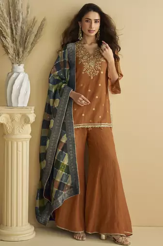 Brown color beautiful embroidered graceful wedding special palazzo dress