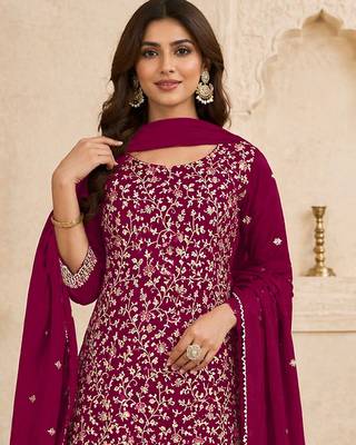 Deep magenta color beautiful embroidered georgette fabric ceremonial suit 2