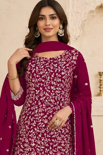 Deep magenta color beautiful embroidered georgette fabric ceremonial suit