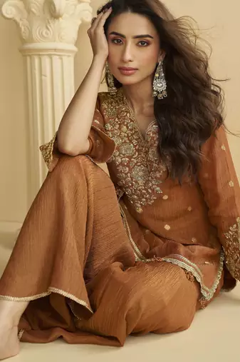 Brown color beautiful embroidered graceful wedding special palazzo dress