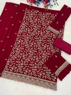 Deep magenta color beautiful embroidered georgette fabric ceremonial suit 3