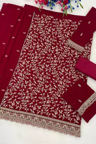 Deep magenta color beautiful embroidered georgette fabric ceremonial suit