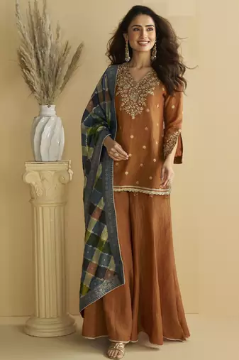 Brown color beautiful embroidered graceful wedding special palazzo dress