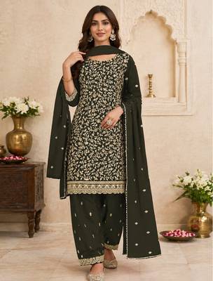 Olive green color beautiful embroidered georgette fabric ceremonial suit 1