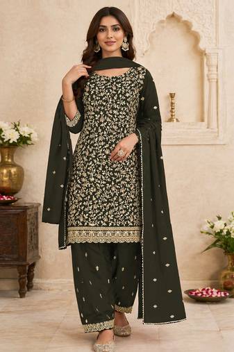 Olive green color beautiful embroidered georgette fabric ceremonial suit
