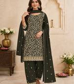 Olive green color beautiful embroidered georgette fabric ceremonial suit