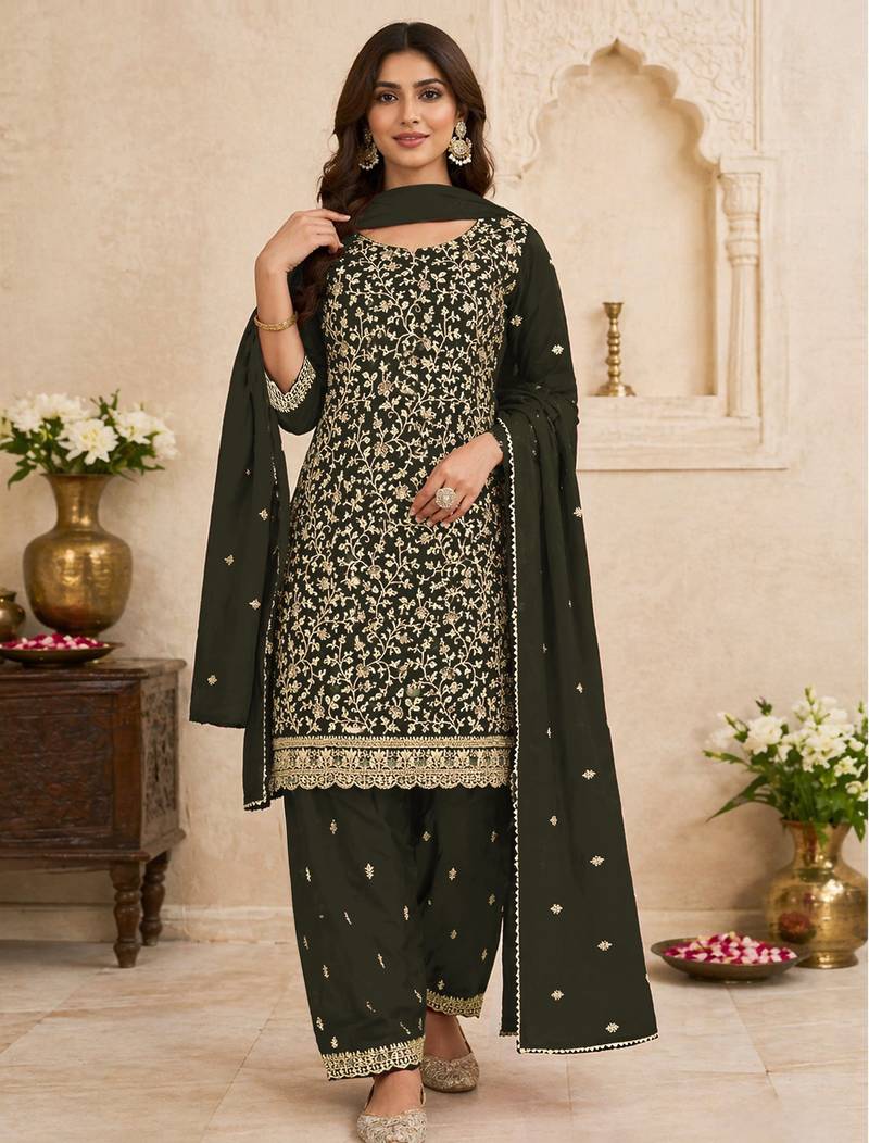 Olive green color beautiful embroidered georgette fabric ceremonial suit
