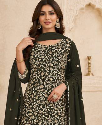 Olive green color beautiful embroidered georgette fabric ceremonial suit 2