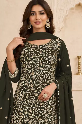 Olive green color beautiful embroidered georgette fabric ceremonial suit