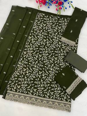 Olive green color beautiful embroidered georgette fabric ceremonial suit 3