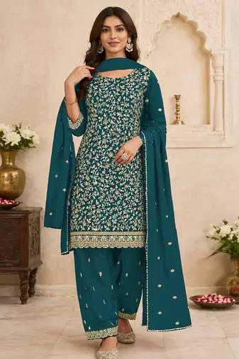 Teal color beautiful embroidered georgette fabric ceremonial suit