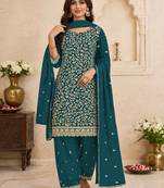 Teal color beautiful embroidered georgette fabric ceremonial suit