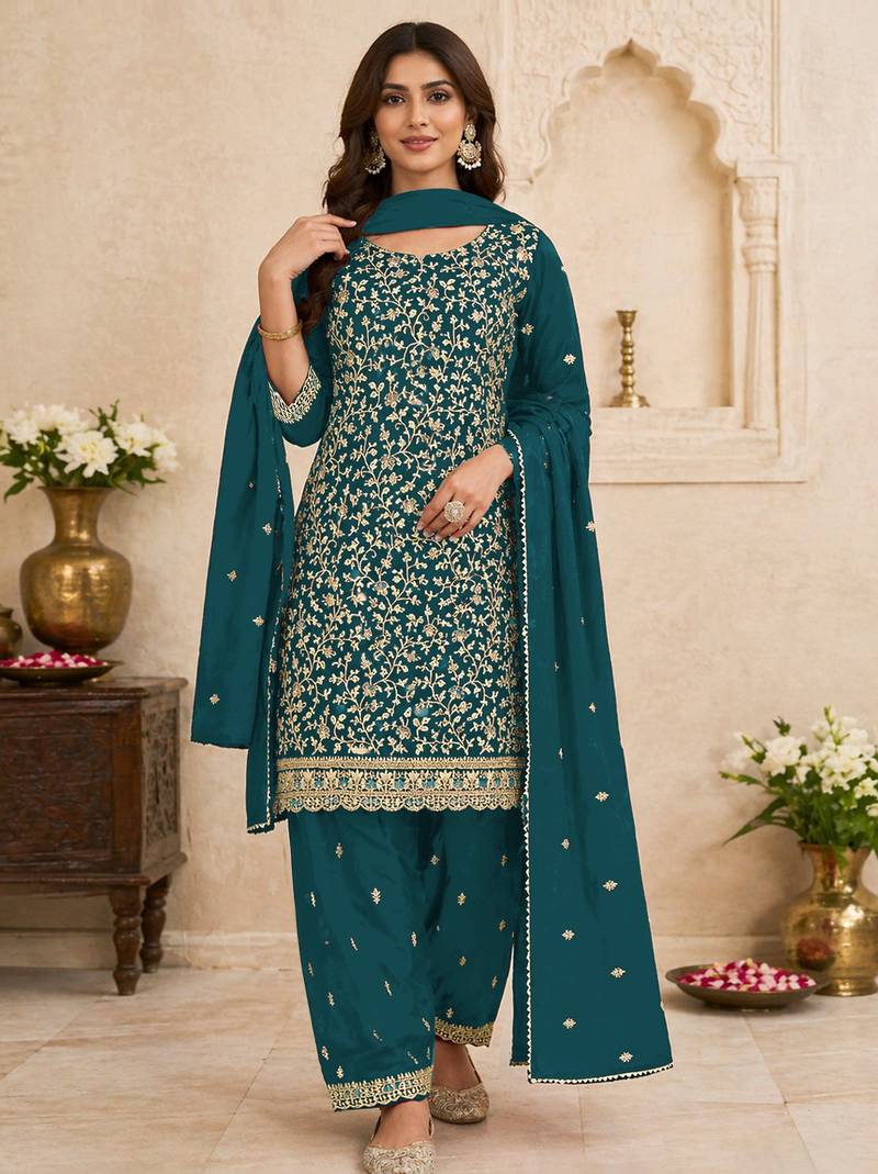 Teal color beautiful embroidered georgette fabric ceremonial suit
