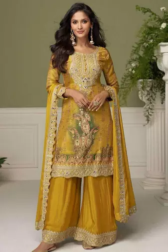 Yellow color chinon fabric designer wedding special palazzo dress for girls