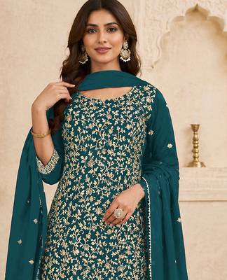 Teal color beautiful embroidered georgette fabric ceremonial suit 2