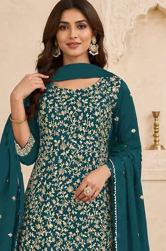 Teal color beautiful embroidered georgette fabric ceremonial suit