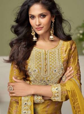 Yellow color chinon fabric designer wedding special palazzo dress for girls 2