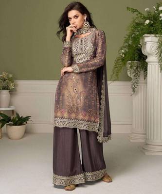 Mouve color chinon fabric designer wedding special palazzo dress for girls 1