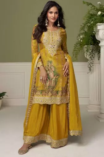 Yellow color chinon fabric designer wedding special palazzo dress for girls