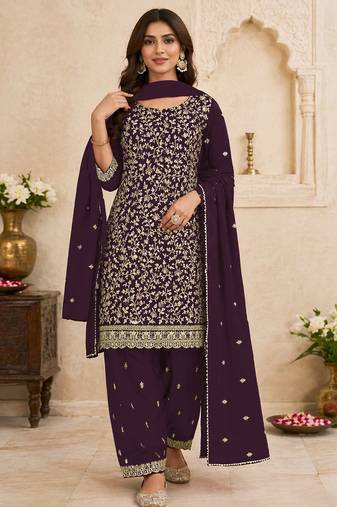 Purple color beautiful embroidered georgette fabric ceremonial suit