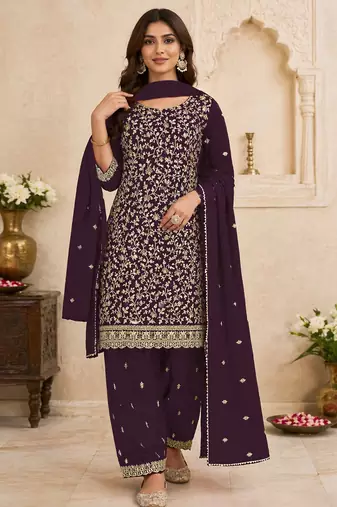 Purple color beautiful embroidered georgette fabric ceremonial suit