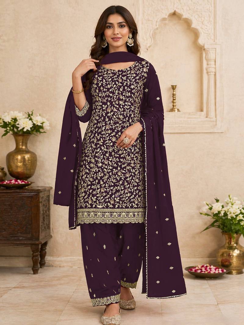 Purple color beautiful embroidered georgette fabric ceremonial suit