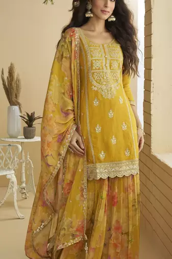 Mustard color beautiful embroidered graceful wedding special palazzo dress