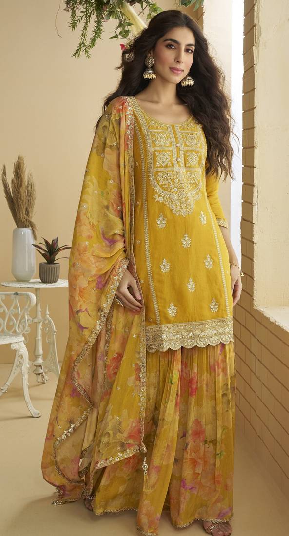 Mustard color beautiful embroidered graceful wedding special palazzo dress
