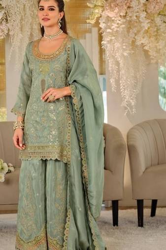 Green color smart heavy embroidered fancy festive special palazzo suit
