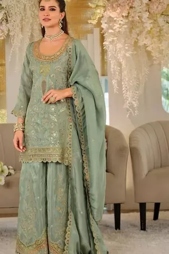 Green color smart heavy embroidered fancy festive special palazzo suit