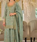 Green color smart heavy embroidered fancy festive special palazzo suit