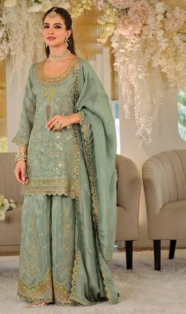 Green color smart heavy embroidered fancy festive special palazzo suit