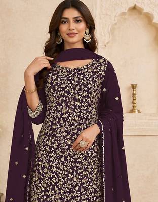 Purple color beautiful embroidered georgette fabric ceremonial suit 2