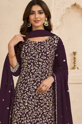 Purple color beautiful embroidered georgette fabric ceremonial suit
